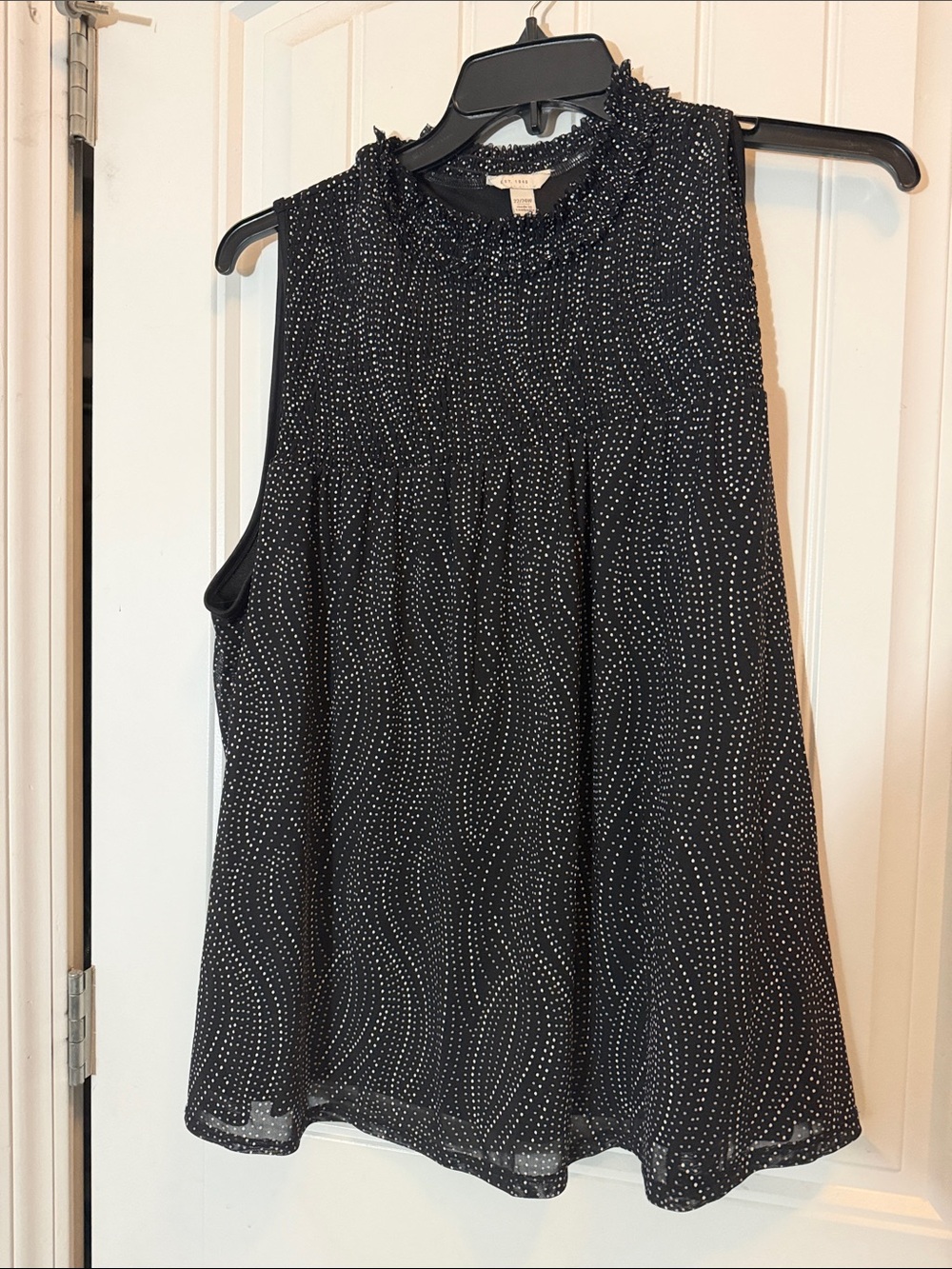 Cato Black Sleeveless Smocked Neck Tank with White Dot Wave Print